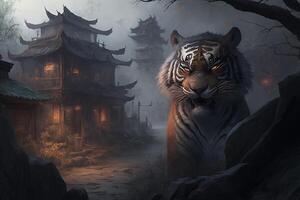 majestoso chinês tigre guardando pagode têmpora dentro misterioso nebuloso noite com brilhando luzes, encantador e mágico ai gerado foto