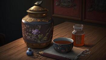 requintado tradicional chinês chá conjunto dentro elegante estilo ai gerado foto