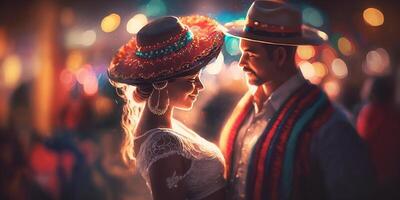 uma mexicano casal dançando dentro tradicional roupas com chapéus e bokeh ai gerado foto