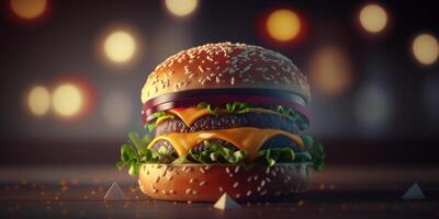 suculento Hamburger com bokeh fundo, delicioso velozes Comida ilustração ai gerado foto