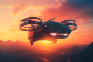 vôo carro futurista alimentado por IA veículo subindo às pôr do sol ai gerado foto