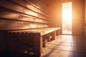 radiante sauna uma sereno fuga com raios solares e caloroso madeira ai gerado foto