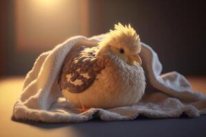 acolhedor pequeno pintinho embrulhado dentro uma suave cobertor, se aqueceu dentro a calor do a Sol ai gerado foto