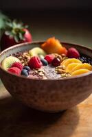 colorida fruta e granola tigela dentro uma de madeira tigela ai gerado foto