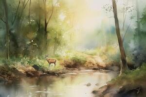 □ Gentil encontro uma aguarela pintura do uma veado de uma rio dentro uma floresta ai gerado foto