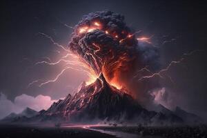 ilustração montanha com vulcânico erupção nuvens tempestade relâmpago ai gerado foto