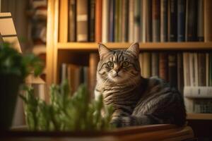 sofisticado felino uma gato dentro uma moderno apartamento cercado de livros ai gerado foto