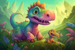 brincalhão e vibrante digital arte Hilário alossauro dinossauro quadrinho ilustração ai gerado foto