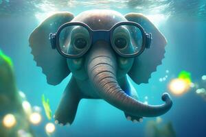 adorável pequeno elefante mergulhos embaixo da agua com uma snorkel mascarar ai gerado foto