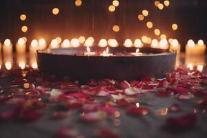 romântico relaxamento hidromassagem com rosa pétalas e velas ai gerado foto