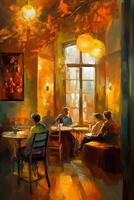 uma caloroso tarde às a cafeteria a abstrato pintura dentro laranja matizes ai gerado foto
