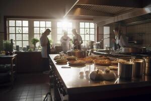 atrás a cenas ocupado cozinha funcionários preparando Comida dentro restaurante ou hotel cozinha ai gerado foto