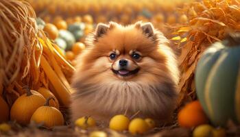 outono celebração adorável pomerânia cachorro entre abóboras e colheita decorações ai gerado foto