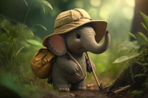 aventuras do a selva explorador pequeno elefante com uma tropical chapéu ai gerado foto