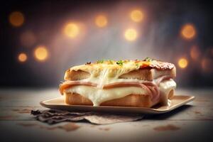 crocante bondade saciar dentro a clássico francês croque monsieur sanduíche ai gerado foto