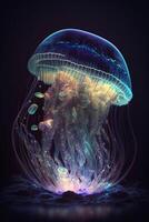 brilhando fundo do mar medusa uma radiante beleza dentro a Trevas ai gerado foto
