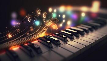 bokeh luzes e embaçado cores em fechar-se piano chaves ai gerado foto