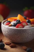 saudável café da manhã tigela com chia semente pudim e fresco frutas ai gerado foto