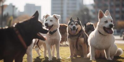 uma pacote do brincalhão cachorros dentro a urbano cachorro parque ai gerado foto