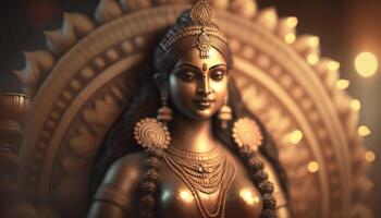 Lakshmi a radiante indiano deusa do riqueza e fortuna dentro artístico glória ai gerado foto