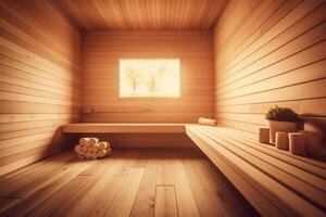 sereno sauna oásis caloroso de madeira interior banhado dentro luz solar ai gerado foto