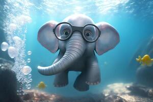 adorável pequeno elefante mergulhos embaixo da agua com uma snorkel mascarar ai gerado foto