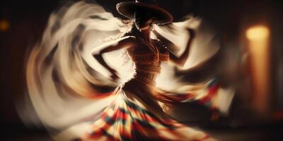 apaixonado e expressivo mexicano dançarino dentro tradicional vestuário ai gerado foto