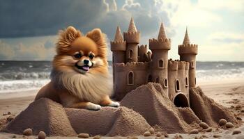 adorável pomerânia cachorro sentado Próximo para uma Castelo de Areia às a de praia ai gerado foto