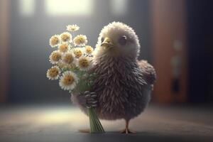 a engraçado frango com uma ramalhete do flores dentro mão ai gerado foto