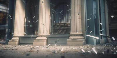 desolado conseqüência do uma banco corre quebrado vidro e detritos em a esvaziar rua ai gerado foto