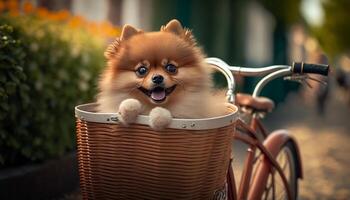 pomerânia filhote em a ir desfrutando a cenário dentro uma bicicleta cesta ai gerado foto