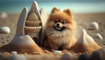 adorável pomerânia cachorro sentado Próximo para uma Castelo de Areia às a de praia ai gerado foto
