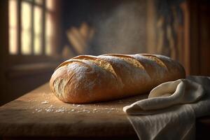 saciar dentro a crocantes e delicioso francês baguete dentro uma rústico configuração ai gerado foto