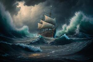 histórico barco a vela dentro tormentoso águas - aventura história às mar ai gerado foto