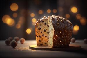 tradicional italiano Panettone bolo com cristalizado frutas ai gerado foto