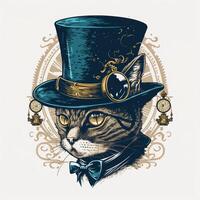 a encantado felino com topo chapéu e monóculo, ilustração ai gerado foto