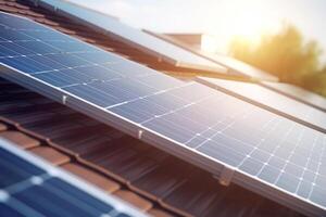 brilhando solar poder solar painel em casa cobertura com Sol reflexão ai gerado foto