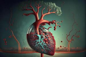 simbólico 3d ilustração do uma coração com sangue circulação, representando coração ataque e coração saúde ai gerado foto