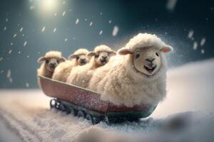 uma grupo do adorável pequeno ovelha trenó baixa Nevado colinas para inverno Diversão ai gerado foto