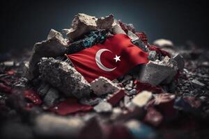 turco bandeira no meio tremor de terra destroços, Pedregulho - símbolo do resiliência e unidade ai gerado foto