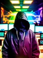 irreconhecível masculino hacker dentro Sombrio néon sala. generativo ai foto