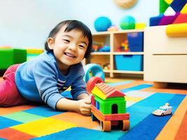 feliz criança jogando uma brinquedos dentro criança sala. generativo ai. foto