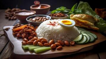 ásia Comida - uma tradicional nasi lemak prato servido em uma de madeira placa. ai generativo foto