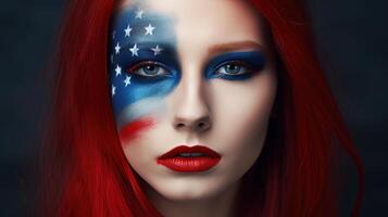 deslumbrante olhando nacional amante mulher face pintado ou Maquiagem EUA bandeira cor. 4º Julho independência dia ou americano evento celebração imagem. foto