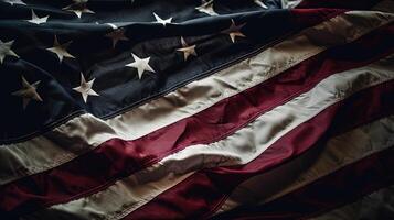 capturando imagem do EUA nacional tecido bandeira fundo. conceito do 4º do julho, memorial dia, veteranos dia, americano independência dia celebração, generativo ai tecnologia. foto
