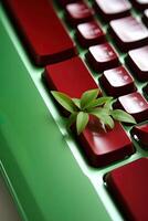 vermelho e verde teclado com folhas para eco amigáveis ou verde tecnologia dispositivo generativo ai. foto