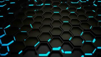 3d renderizar, Preto abstrato hexagonal fundo com ciano néon luzes. foto