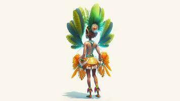 traseiro Visão do brasileiro fêmea samba dançarino personagem em pé dentro tradicional traje. 3d renderizar. foto