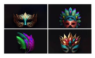 vários tipo carnaval máscaras e penas em Preto fundo. 3d renderizar. foto