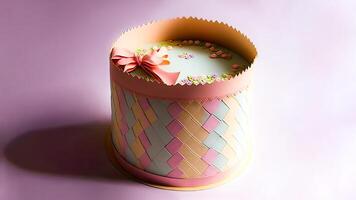 3d render do colorida vintage cilíndrico bolo decorado flores com losango e fundente arco em pastel roxa fundo. foto